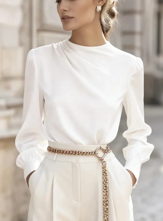 Simple Commuting Temperament Pleated High neck Lantern Sleeve Blouse For Women White - Shop at LoveMi
