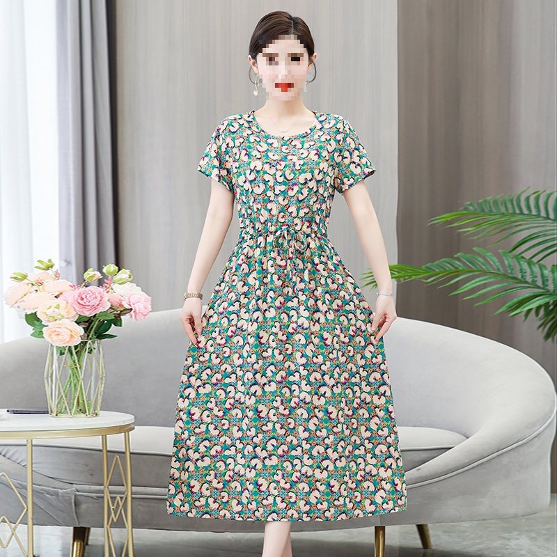 Dress Summer Floral Artificial Cotton Skirt Short Sleeve Loose Cotton Overknee Skirt