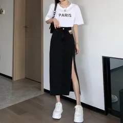 Fashionable With Side-slit Denim Skirt For Women - Black - View 1