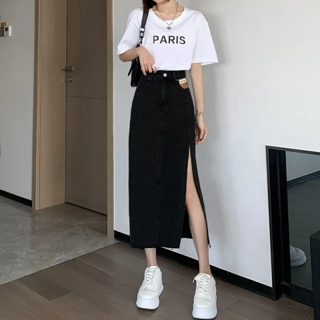 Fashionable With Side slit Denim Skirt For Women Black - Shop at LoveMi