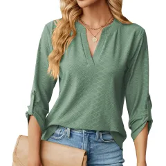 Women's V-neck Buttons Solid Colour Long Sleeve Loose-fitting T-shirt Top - Dark Green - View 1