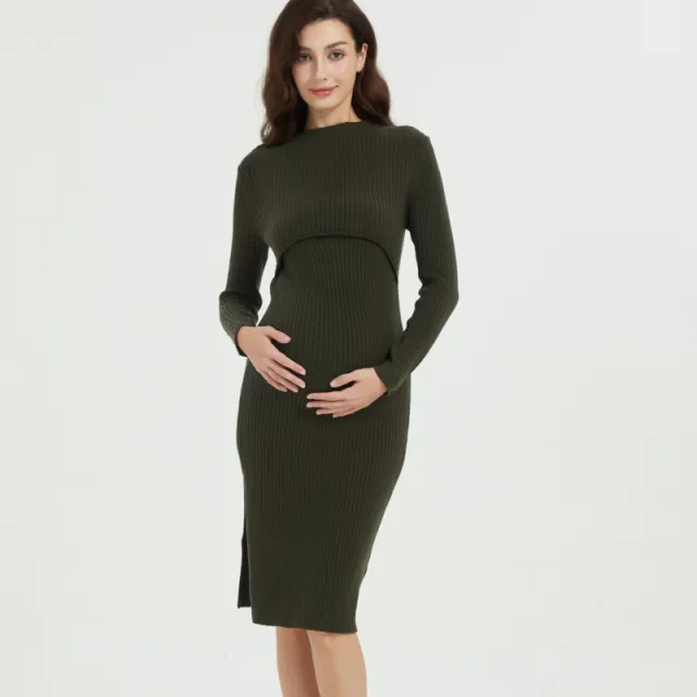 Mid length Solid color Pullover Sweater Dress Olive Green - Shop at LoveMi