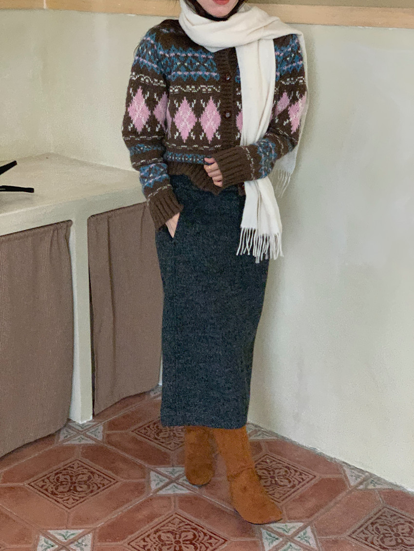 Retro Nordic Style Rhombus Contrasting Color Jacquard Knitted Cardigan Short Coat