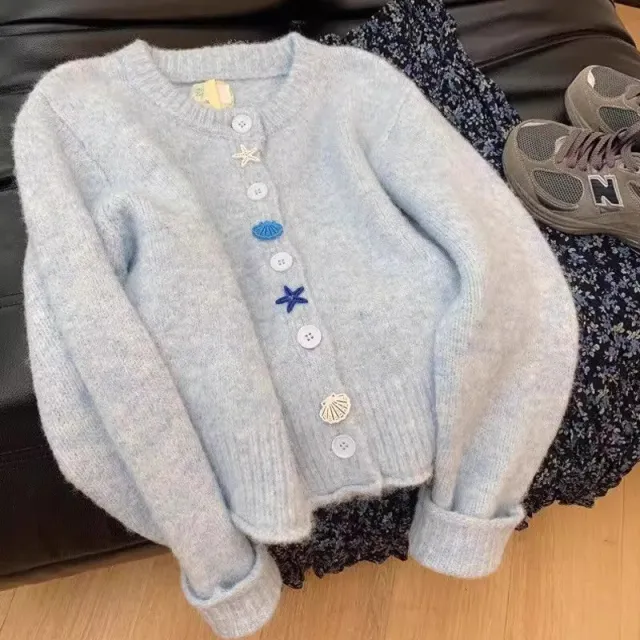 Milk Blue Gentle Soft Glutinous High grade Knitted Cardigan Sweater 1575 Milk Blue - Shop at LoveMi