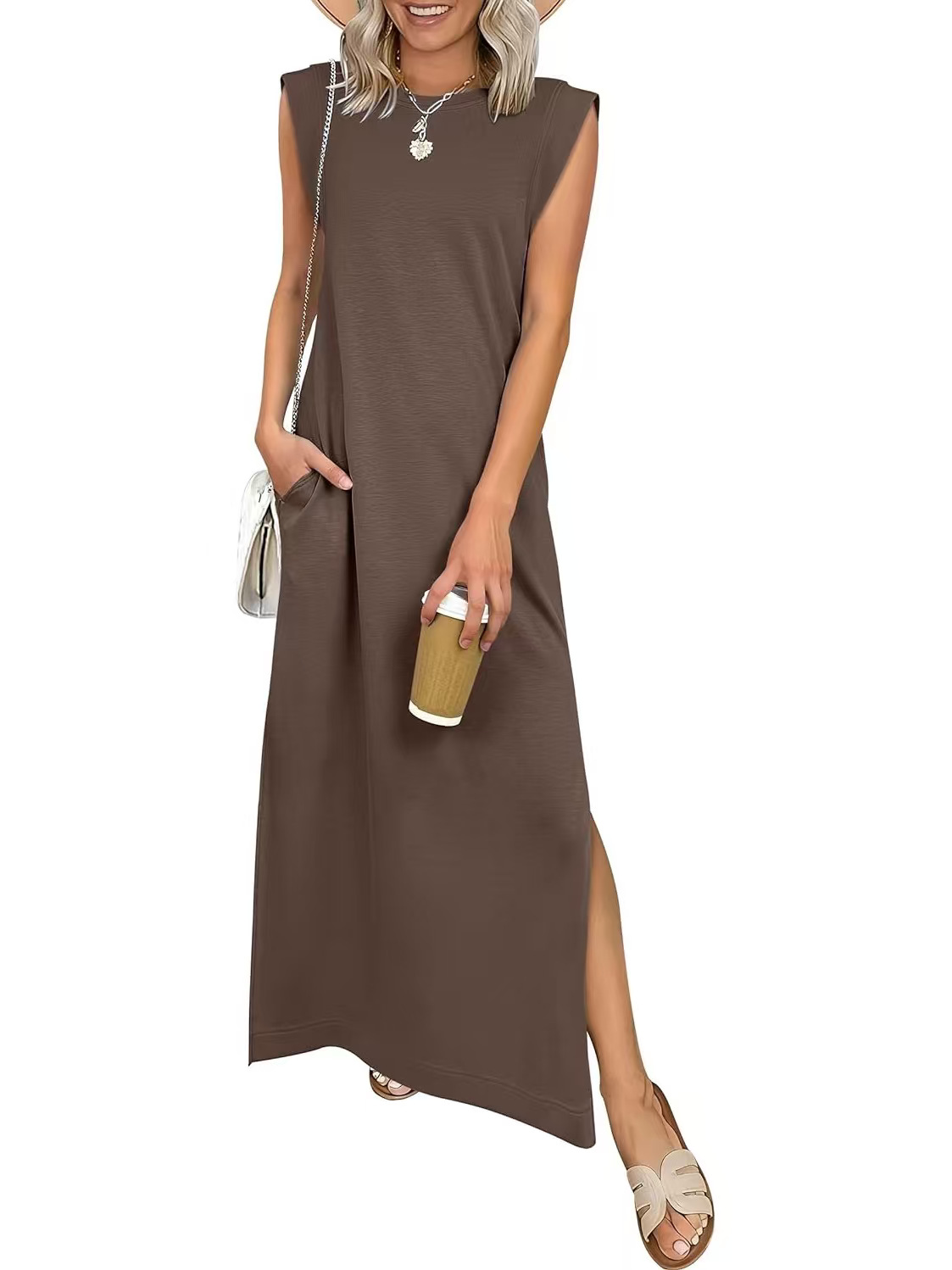 Women's Round Neck Raglan Sleeve Pocket Long Dress 6
