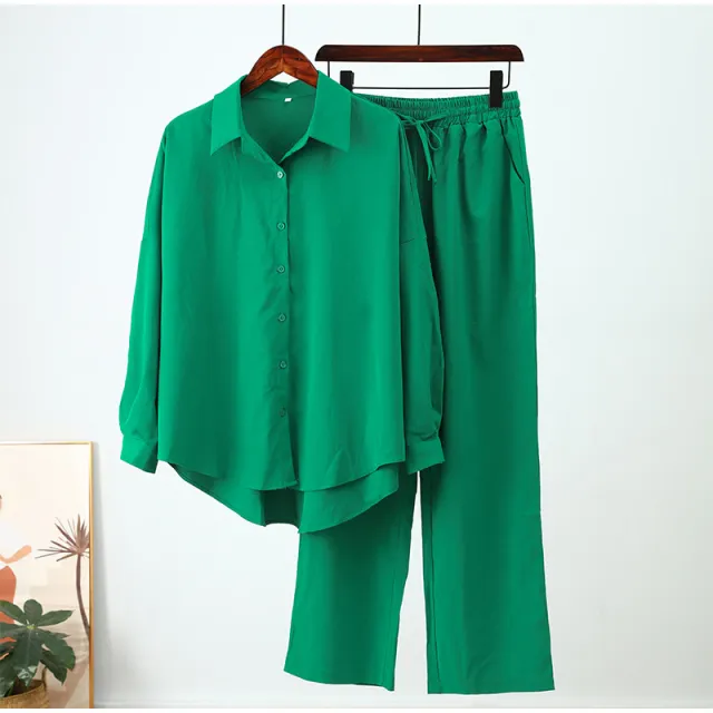 Autumn And Winter New Loose Elastic Wrinkle Long sleeved Shirt Wide leg Pants Casual Suit Green - Shop at LoveMi