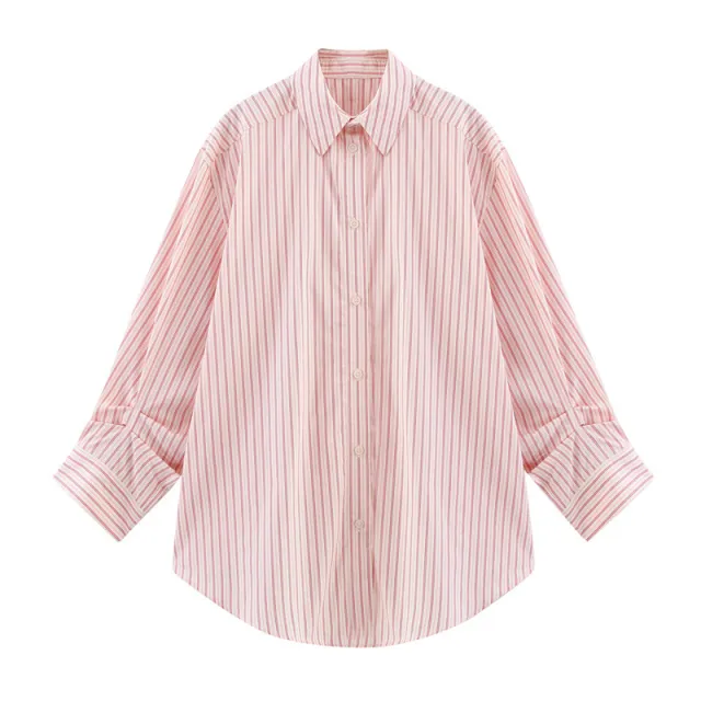 Oumeitong Diligent Style Loose All matching Striped Lapel Long Sleeve Shirt Picture Color L - Shop at LoveMi