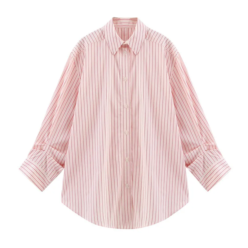 Oumeitong Diligent Style Loose All-matching Striped Lapel Long Sleeve Shirt - Picture Color-L