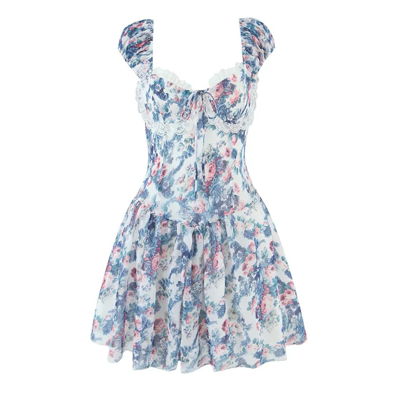 Blue Flower Three-dimensional Steel Ring Lotus Leaf Edge Decoration Mini Dress