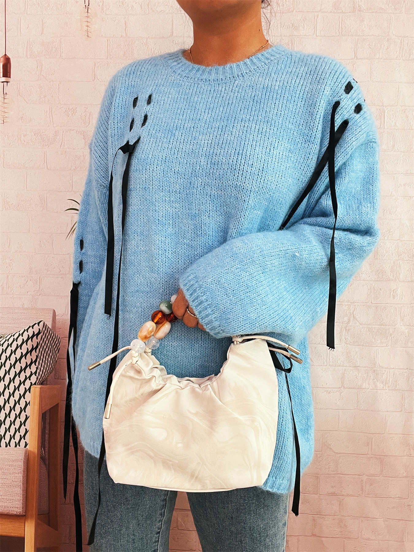 Handmade Lace-up Knitted Round Neck Long Sleeve Loose Sweater