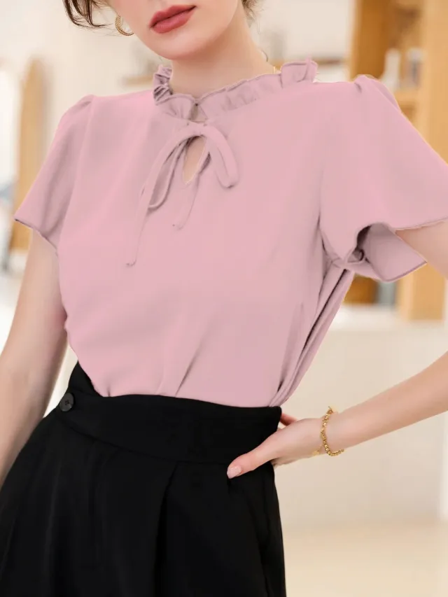 ModelyFrill Trim Tie Neck Blouse Pink - Shop at LoveMi