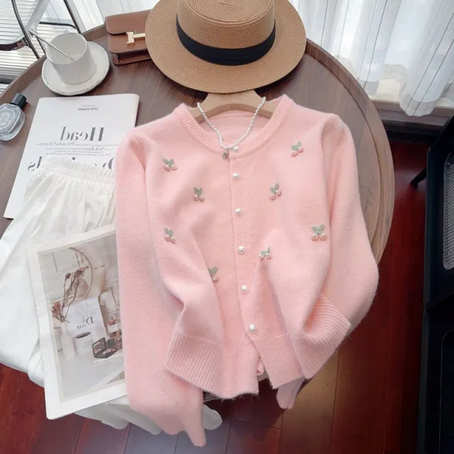 Sweet Gentle Soft Glutinous Round Neck All matching Anti aging Sweater Coat Pink - Shop at LoveMi