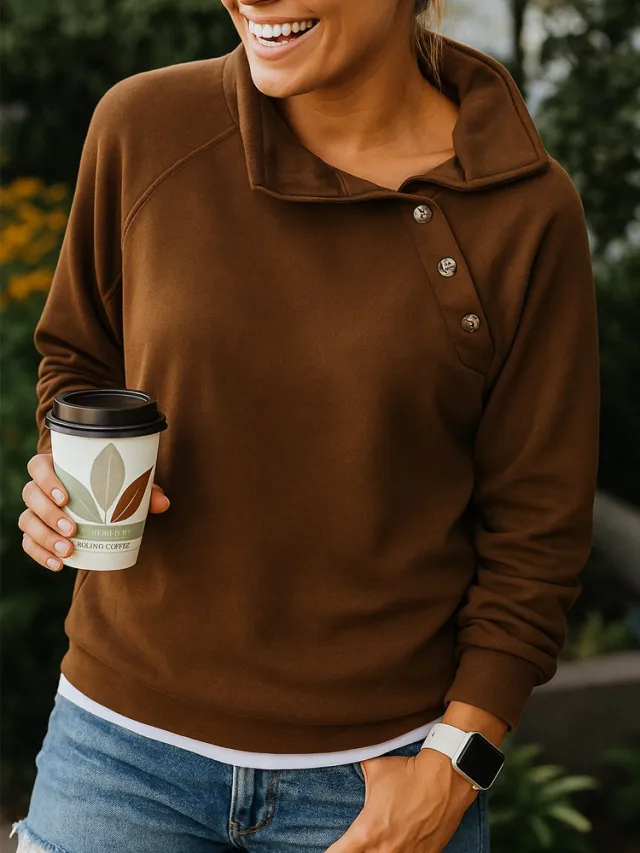 Casual Loose And Stylish Long Sleeves Button Diagonal Collar Sweater Brown - Shop at LoveMi