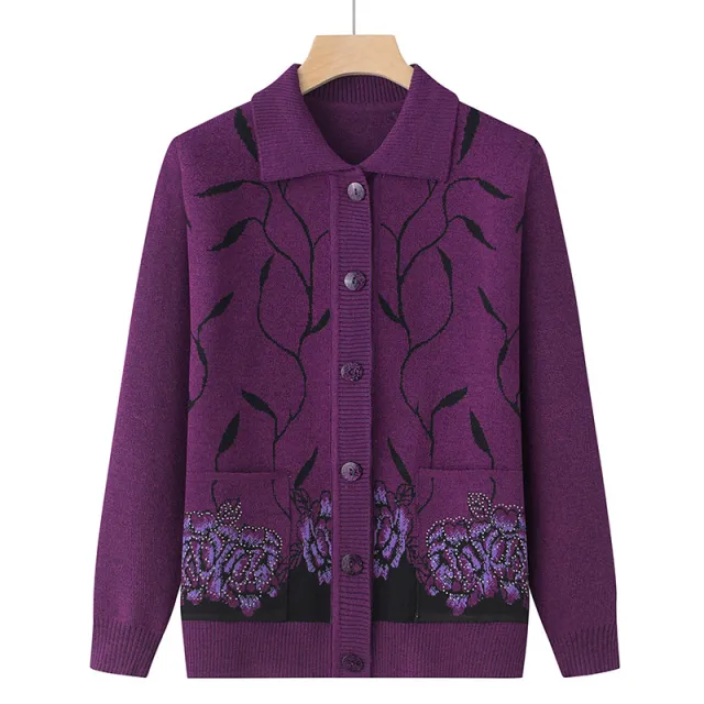 Spring And Autumn Elderly Lapel Thin Sweater Purple - Shop at LoveMi