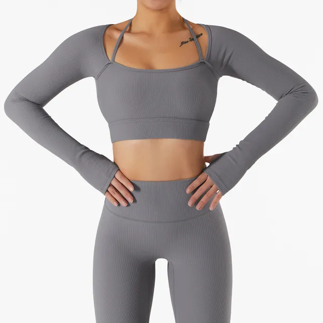 Sports Top Women's Quick drying Workout Clothes With Chest Pad Slim Fit Skinny Long Sleeve Yoga Wear Gray - Shop at LoveMi