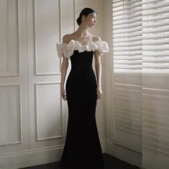 French Satin Evening Dress New Bridal Off-shoulder Elegant Fishtail Welcome Dress - Black Off Shoulder - View 1