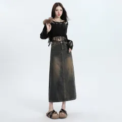 Denim Skirt Design Pocket Slit Retro Hip-wrapped Midi Skirt - Nzdg Mud Yellow - View 1