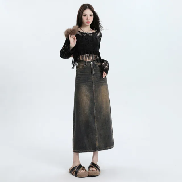 Denim Skirt Design Pocket Slit Retro Hip wrapped Midi Skirt Nzdg Mud Yellow - Shop at LoveMi