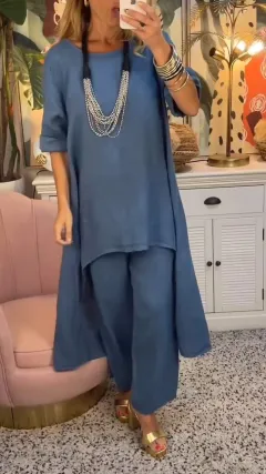 Solid Color Irregular Casual Cropped Long Sleeve Cotton And Linen Trousers Suit Women - Dark Blue - View 1