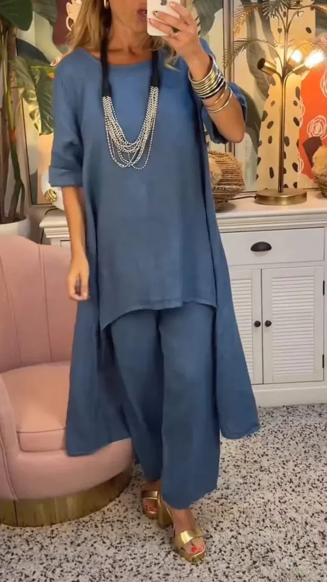 Solid Color Irregular Casual Cropped Long Sleeve Cotton And Linen Trousers Suit Women Dark Blue - Shop at LoveMi