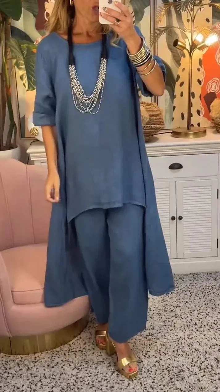 Solid Color Irregular Casual Cropped Long Sleeve Cotton And Linen Trousers Suit Women - Dark Blue