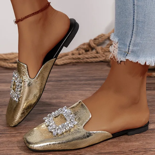 With Skirt Flat Heel Silver Square Toe Rhinestone Semi Slippers Silver - Shop at LoveMi