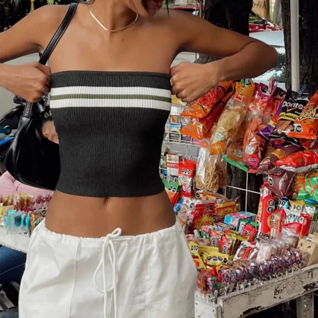 Ins Super Popular European And American Knitted Tank top Contrast Color Striped Tube Top Black - Shop at LoveMi