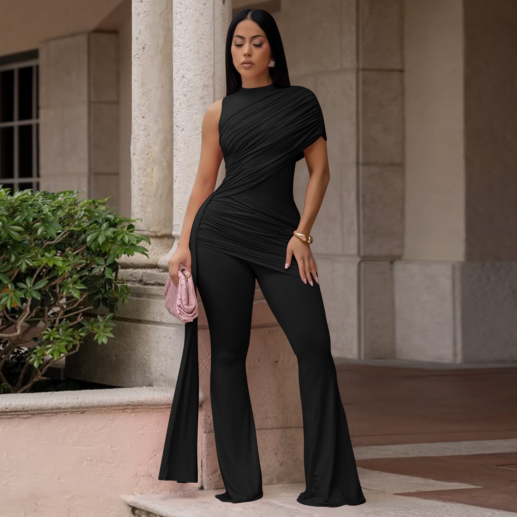 Women's Crew-Neck Flare Jumpsuit in Black – sleek bold look