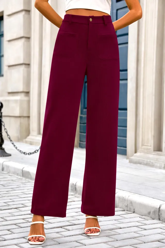 Stretch High Waist Button Wide Leg Pants Wine Red - Shop at LoveMi
