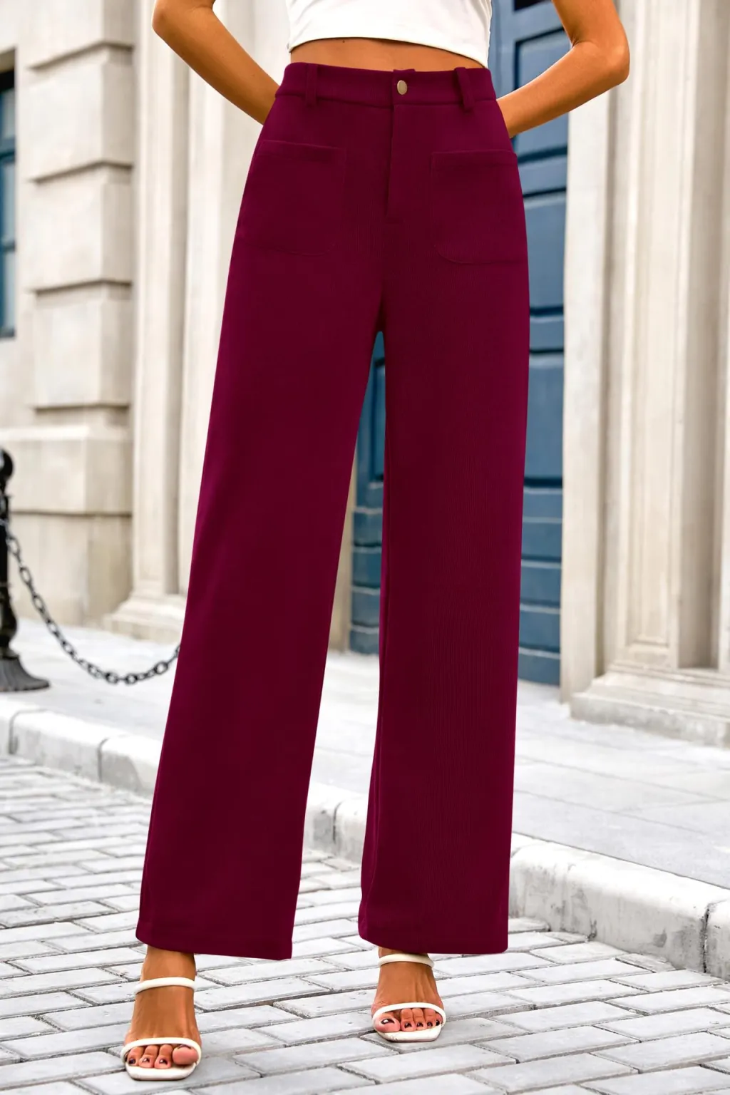 Stretch High Waist Button Wide Leg Pants - Wine Red