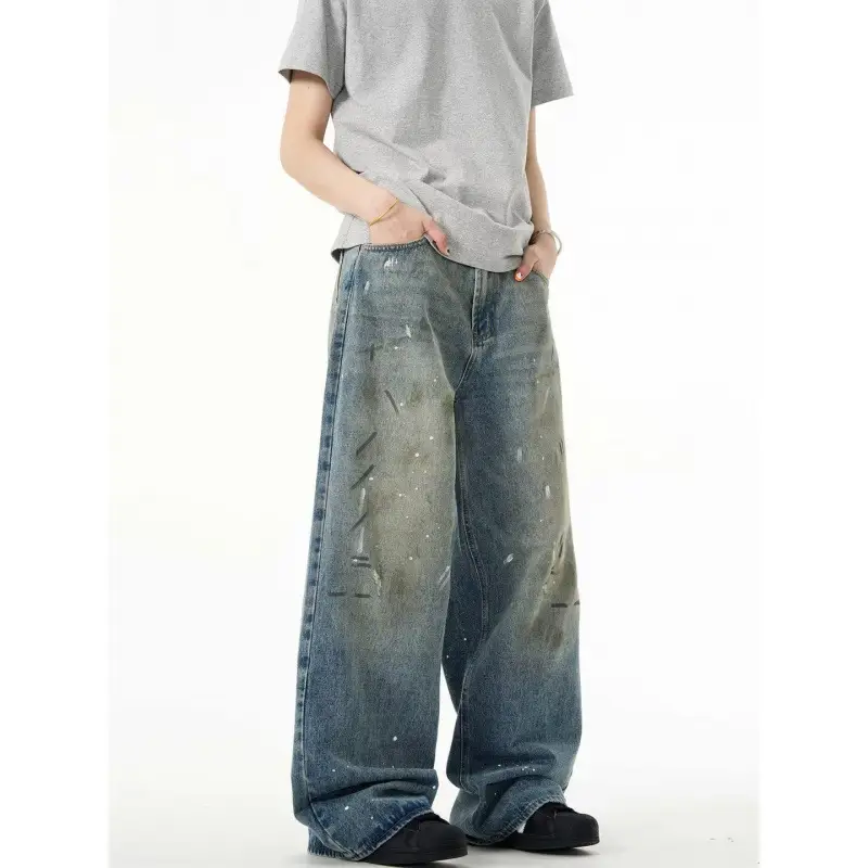 Splash-ink Jeans Men's Retro Washed Distressed Baggy Straight Trousers
