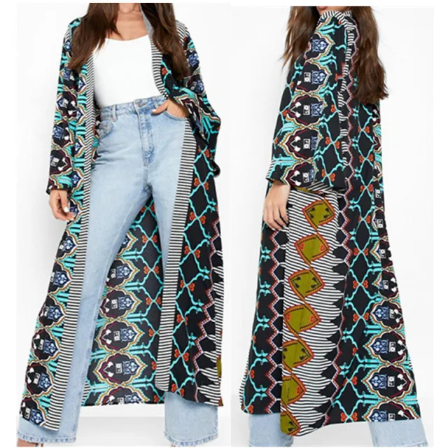 Geometric Pattern Printed Long Coat Pajamas Haori Cape Cardigan Blue Geometry Pattern - Shop at LoveMi