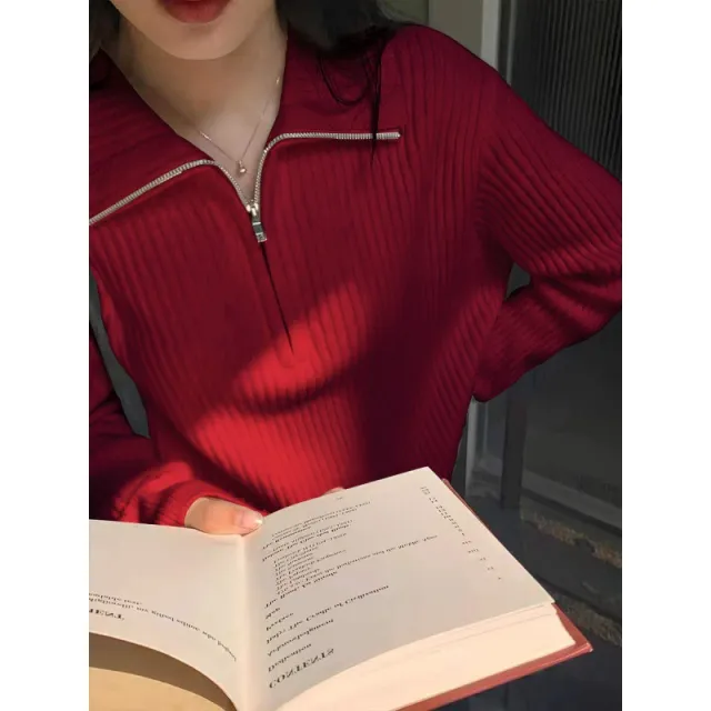 Autumn New Zipper Sweater Sweater For Women Loose Outer Wear Red - Shop at LoveMi