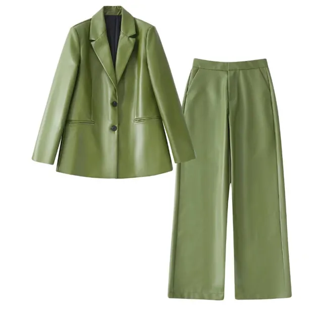 Women's Casual Loose Fitting Suit Pants Faux Leather Set Suit - Shop at LoveMi