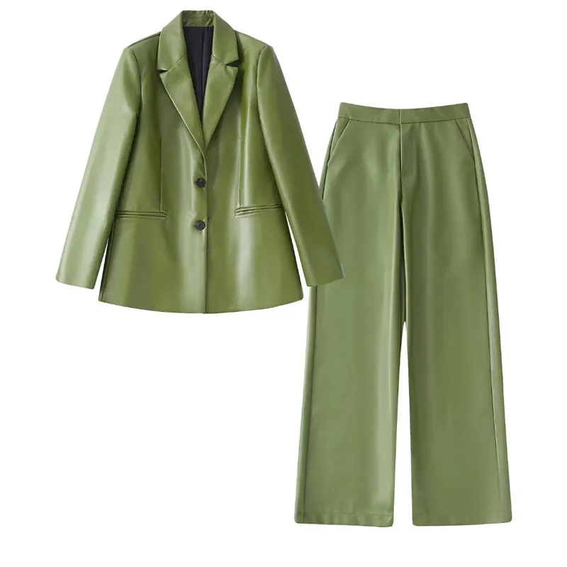 Women's Casual Loose Fitting Suit Pants Faux Leather Set - Suit
