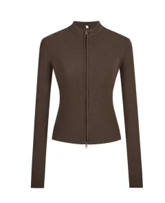 Stand-up Collar Slim-fit Waist-cinching Cardigan Top - Brown - View 1