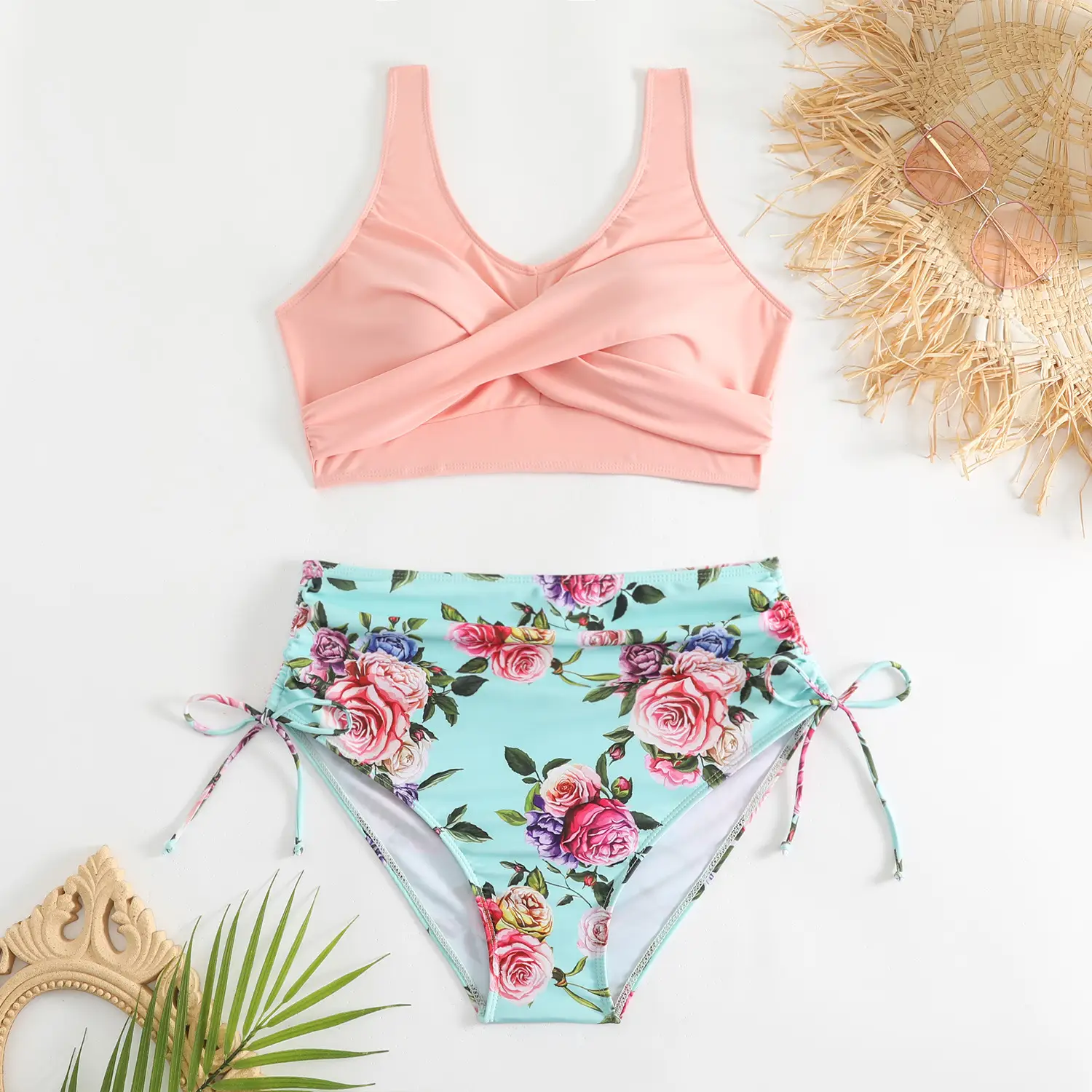 Solid-color Backless Cross-tie Bikini Two-piece Swimsuit