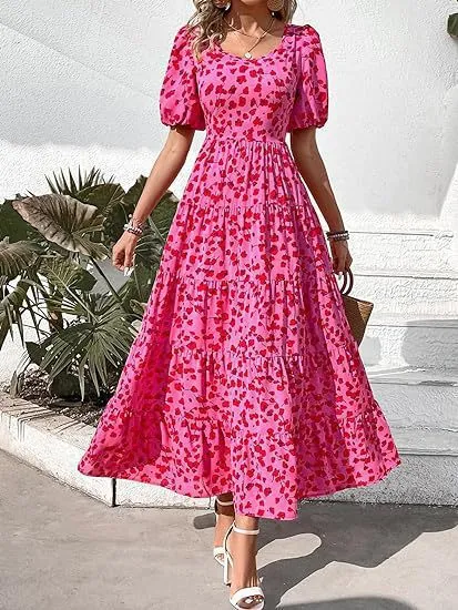 Puff Sleeve Floral Casual Summer Dress Polka Dot Rose Red - Shop at LoveMi