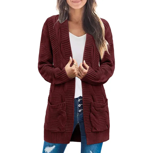 Plus Size Women's Coat Twist Double Pocket Cardigan Sweater Wine Red - Shop at LoveMi