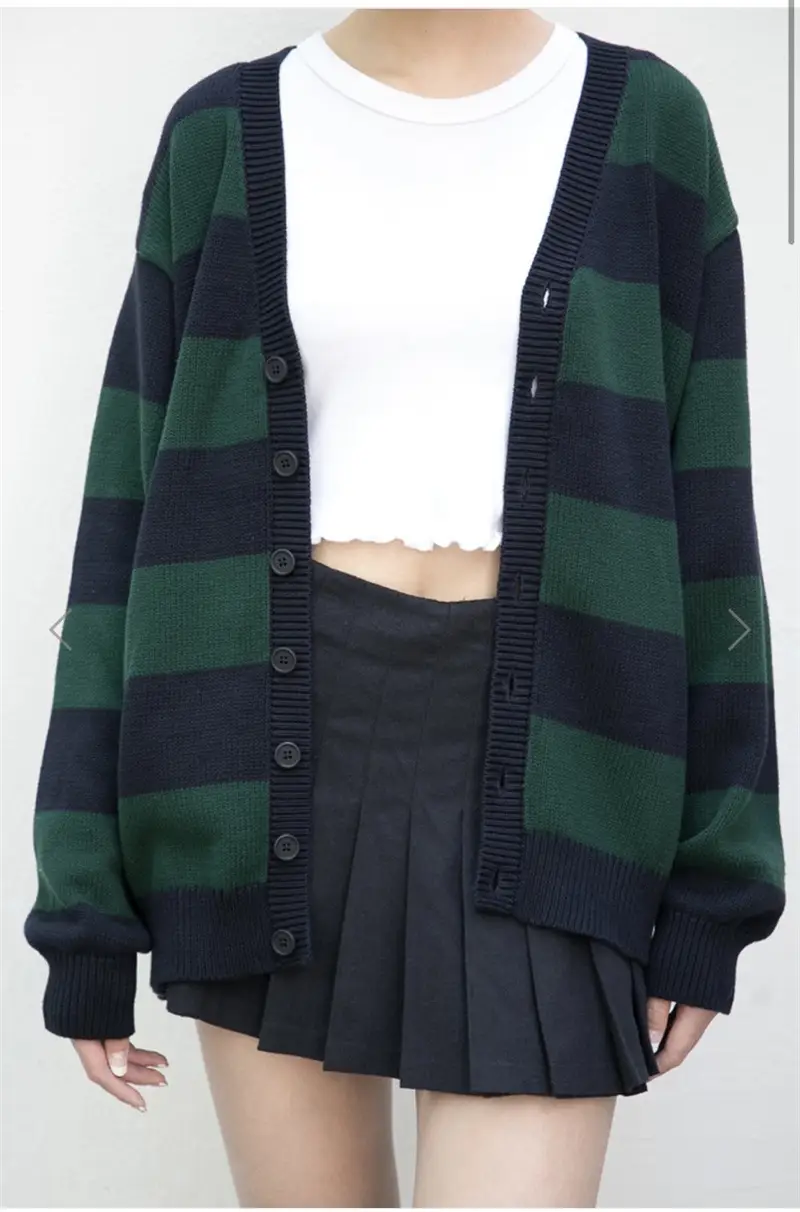 Vintage Blackish Green Stripes Button Knitted Sweater Cardigan