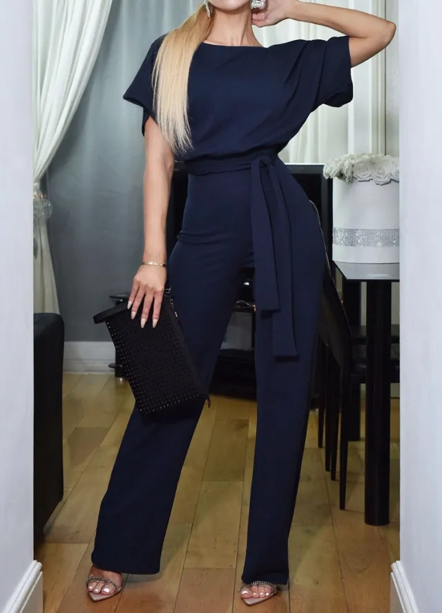 Summer Fashion Lace up Button Short sleeved Women's Jumpsuit Dark Blue - Shop at LoveMi