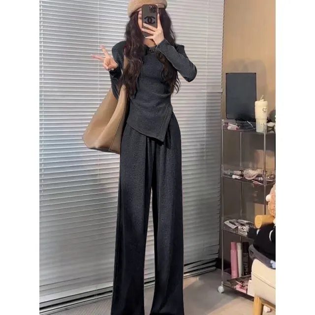 Solid Color Slim Fit Top All matching Suit Dark Gray - Shop at LoveMi