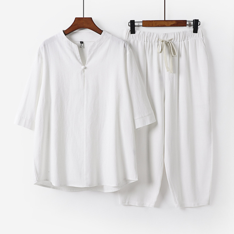 Men’s Plus Size Loose Chinese Style Lay Buddhist Clothes Suit – White, M