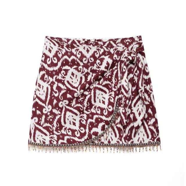 Fashion Women's Wear Casual V neck Printed Top Beaded Tassel Printed Dress Red Skirt - Shop at LoveMi