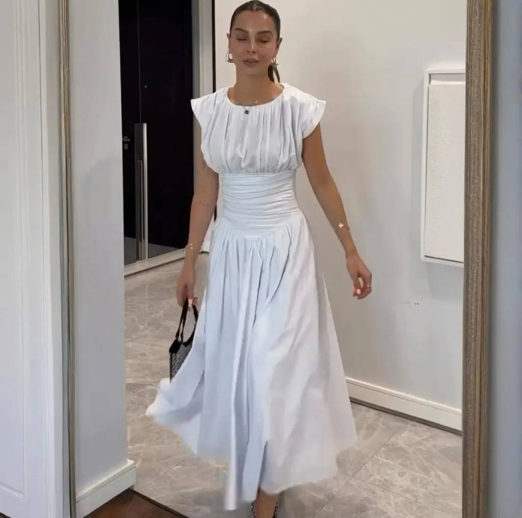 Waist Slimming A- Line Pleated Stitching Short Sleeve Mid-length Dress - White