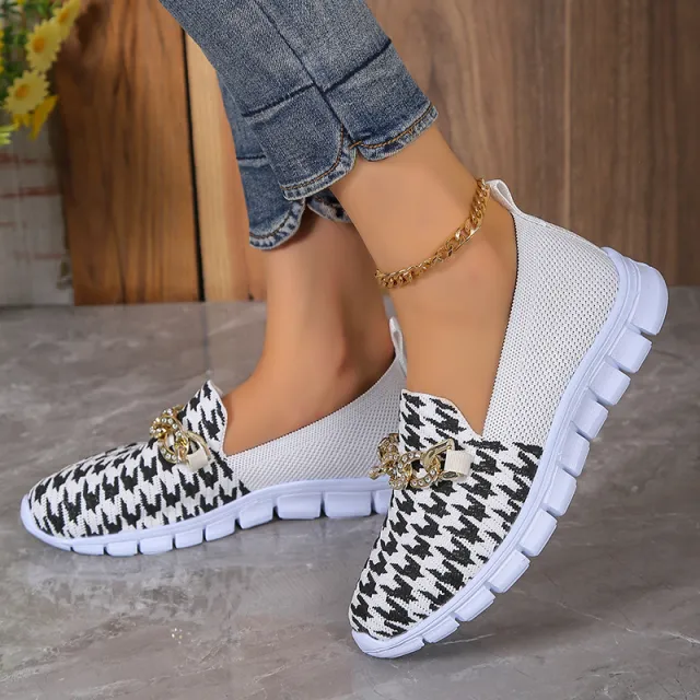 Casual Houndstooth Print Chain Mesh Shoes Summer Walking Sports Flat Shoes Women Breathable Loafers White - Shop at LoveMi