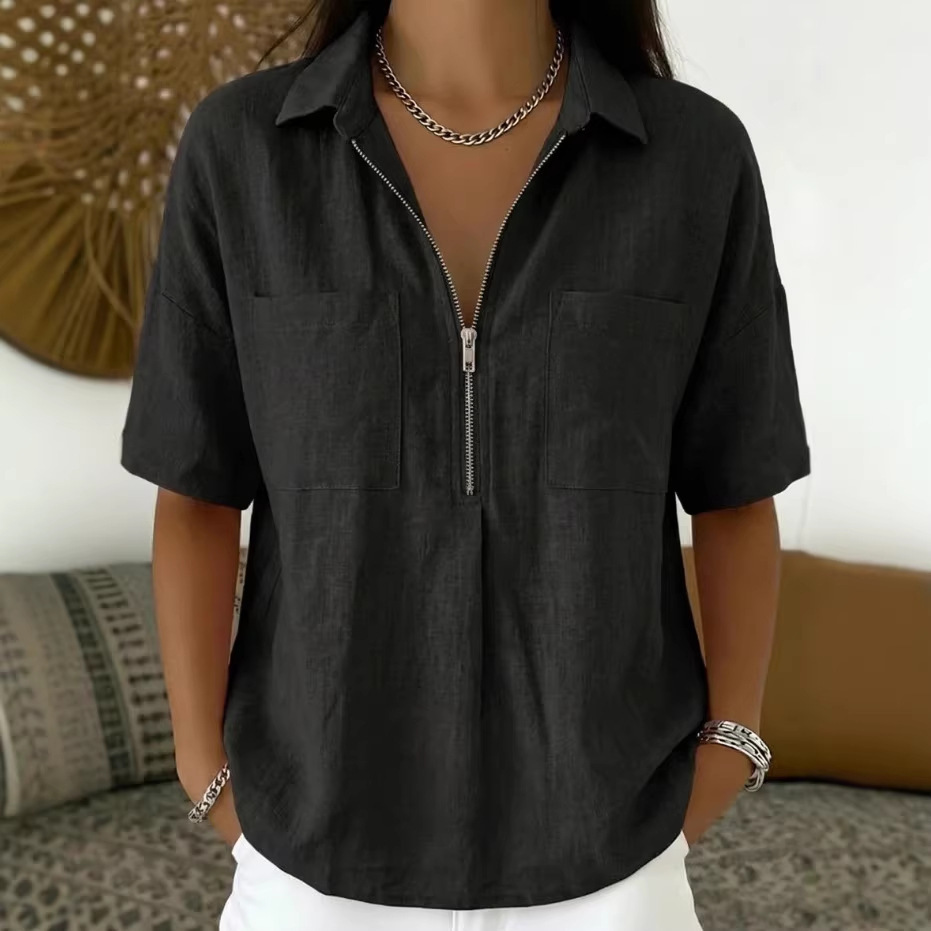 Loose-fit Lapel Short-sleeve Casual V-neck Zip-up Shirt 22 ae88c008 3b89 4295 8487 d669ee4563dd