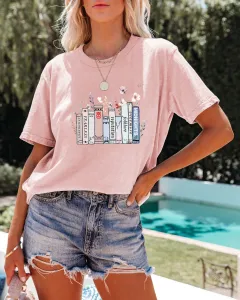 Summer New Book Flower T-shirt Cute Fashion Round Neck Pullover - Peach - View 1