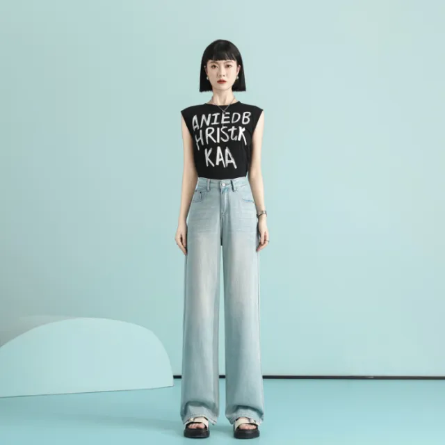 Lyocell Jeans Thin Super Soft Texture Mopping High Waist Wide Leg Jeans 827 Light Blue Lengthened - Shop at LoveMi
