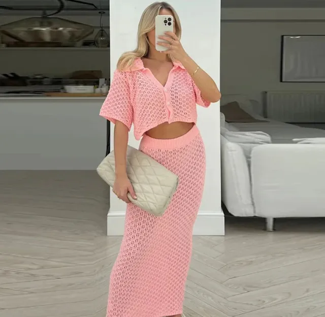 Knitted Crocheted Suit Skirt Multi color Cardigan Buckle Skirt Pink - Shop at LoveMi